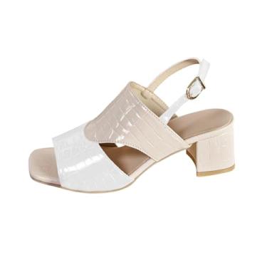 Imagem de Sandália feminina fashion casual primavera e verão confortável combinando cores bico quadrado bico aberto fivela uma linha salto grosso salto alto, Branco, 34