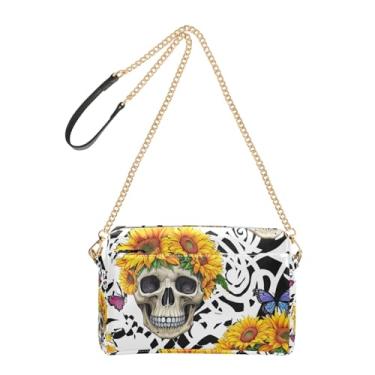 Imagem de Joitme Bolsa feminina tiracolo bolsa de telefone com caveiras fofas coroa girassóis vibrantes alça de corrente de couro PU bolsa de ombro