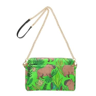 Imagem de Joitme Bolsas de ombro femininas transversais fofas capivara arbusto plantas verde bolsa de celular linda bolsa de ombro de couro PU com alça de corrente