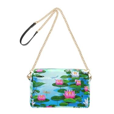 Imagem de Bolsa feminina transversal bolsa para celular bolsa de ombro rosa flores de lótus verde PU bolsa de ombro alça de corrente
