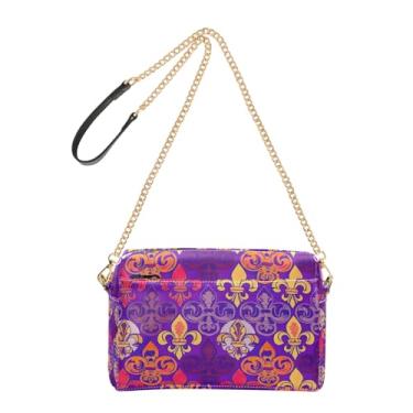 Imagem de Joitme Bolsa tiracolo feminina Mardi Gras Fleur De Lis roxa com alça de corrente de couro PU bolsa de ombro bolsa para celular