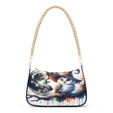 Imagem de Bolsa de ombro Moon Whimsical Owl com corrente colorida, bolsa feminina artística, média, bolsa clutch versátil Hobo