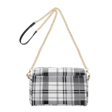 Imagem de Joitme Bolsa feminina transversal para celular linda bolsa de ombro de couro PU alça de corrente listras xadrez preto branco clássico