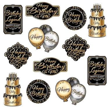 Imagem de Beistle Recortes de feliz aniversário – Pacote com 12, decorações de cartolina dupla face preta, dourada e prata, decoração elegante de parede e mesa para aniversários, banquetes, casas e celebrações