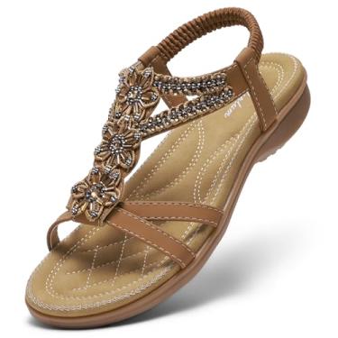 Imagem de Littleplum Sandálias femininas feitas à mão com suporte de arco de verão sandálias femininas confortáveis ortopédicas boêmias para caminhada, Marrom elegante, 40