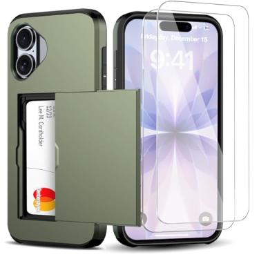 Imagem de Benbenjaytek Capa carteira para iPhone 17 com suporte para cartão + 2 protetores de tela de vidro temperado à prova de choque com compartimento oculto para cartão, capa fina feminina e masculina para