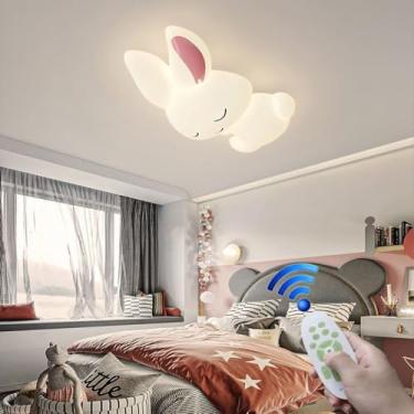 Imagem de Luminária de teto infantil em formato de coelho, estilo desenho animado, moderna, com LED dimerizável e controle remoto. Ideal para decoração de quarto de bebê, cozinha, sala de estar e escr