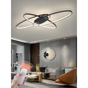 Imagem de Luminária de teto LED moderna para sala de estar, com design oval regulável, controle remoto e iluminação embutida. Ideal para quarto, sala de jantar e cozinha (preta, 130 cm).