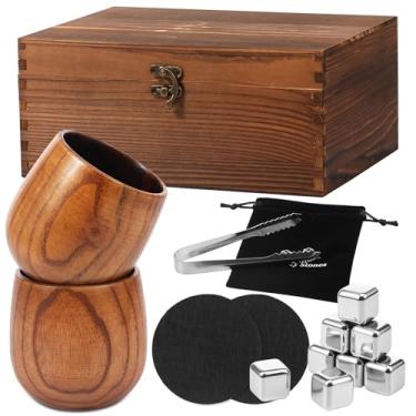 Imagem de Conjunto de copos de uísque de madeira carbonizada, copos de uísque feitos à mão com 8 pedras, copo de bourbon durável para homens, vidro isolado antiquado, presente ideal para namorado, pai, marido e