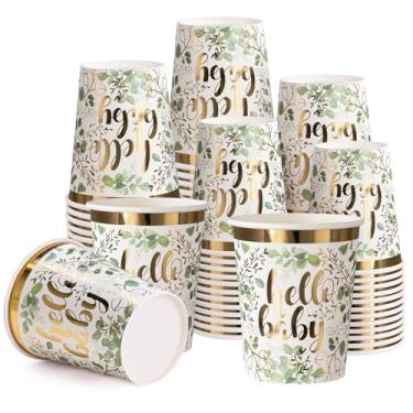 Imagem de WRAPAHOLIC 50 peças de copos de papel para chá de bebê - copo descartável de eucalipto verde de 255 g, xícara de café, copos de bebida quente/fria para suco de água, perfeito para chá de bebê em casa