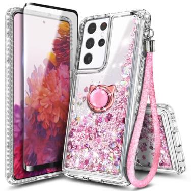 Imagem de Capa NGB projetada para Samsung Galaxy S21 Ultra e S21 Ultra 5G, ouro rosa | Capa fofa com glitter líquido brilhante para mulheres e crianças | com protetor de tela, suporte de anel e cordão de pulso