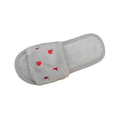 Imagem de Pantufas femininas com design de coração plus veludo quente bico aberto de um pé, Cinza, 35