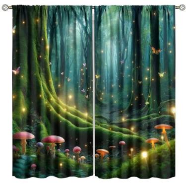 Imagem de Cortinas de floresta de fantasia, floresta mágica mística, árvores verdes, borboleta, cogumelo, decoração de quarto de família, sala de estar, tratamento de janela, conjunto de 2 painéis, tamanho