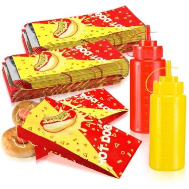 Imagem de Yiyiring 102 peças de acessórios para cachorro-quente, 100 peças, embalagens descartáveis para cachorro-quente, pacote com 2 garrafas de ketchup e mostarda, garrafas de espremer de ketchup e mostarda