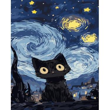Imagem de Mosaflare Pintura por números para adultos iniciantes, kit de pintura de gato preto adulto por números em tela, DIY noite estrelada óleo acrílico pintura fácil por números para decoração de parede de