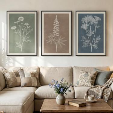 Imagem de Arte de parede botânica emoldurada boho para sala de estar, 3 peças de impressão de pintura floral rústica de casa de fazenda, arte de linha de plantas de flores neutra minimalista vintage para