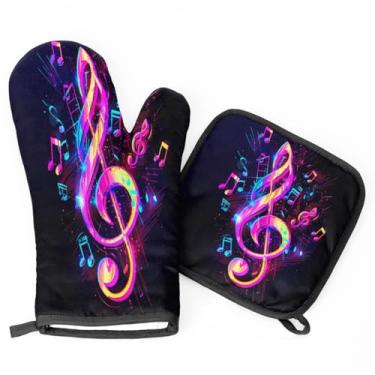 Imagem de Luvas de forno e suportes de panela com notas musicais coloridas, luvas de forno de cozinha resistentes ao calor, almofadas quentes para cozinhar, assar, grelhar