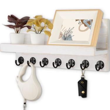 Imagem de Lwenki Suporte de parede, chave de entrada e porta-correio com 7 ganchos resistentes para óculos de sol, coleira de cachorro, prateleira decorativa de parede com ferragens de montagem, 38 cm L x 16 cm