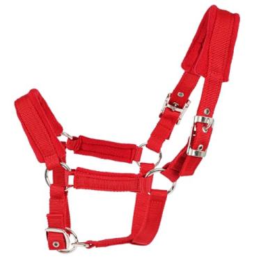Imagem de BIGANTTOW Cabresto de cavalo ajustável com forro de lã polar, vermelho, tecido PP durável, ferragens de metal niquelado, evita fricções, ajuste ajustável (vermelho, P)