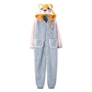 Imagem de HHHJQFAAT Pijama feminino de inverno com capuz de lã coral de desenho animado pulôver plus size versão solta (azul médio)