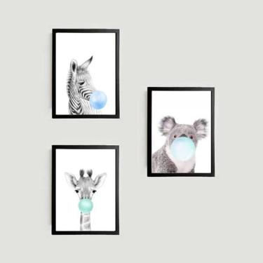 Imagem de Kit 3 Quadros Bichinhos Chicletes Azul 24X18Cm