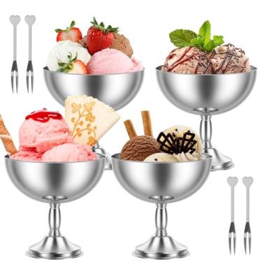 Imagem de Conjunto de 4 tigelas de sorvete, copos de sobremesa com pés de aço inoxidável com 4 garfos, copo de vinho cálice para sobremesa, pudim, salada, coquetel, condimento, bagatela de mousse de frutas