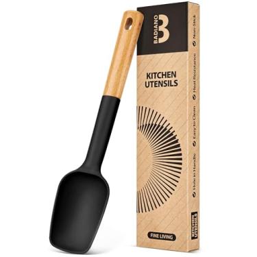 Imagem de Espátula de colher de silicone, ótima para raspar tigelas e colher massa, silicone fosco resistente sem BPA, espátula de borracha com cabo de madeira para panelas antiaderentes (preta)