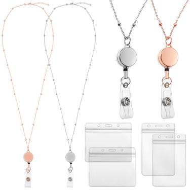 Imagem de Outus 2 cordões de crachá com suportes de identificação de aço inoxidável para crachá de crachá com porta-crachás, colar retrátil, clipe de corrente resistente à água para escritório escolar (ouro