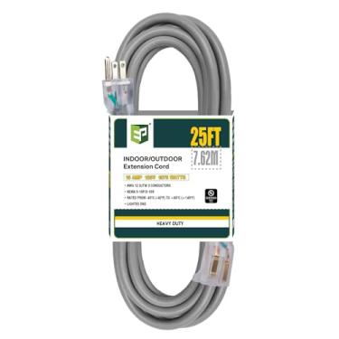 Imagem de EP - Cabo de extensão externo iluminado de 6 metros - SJTW 12/3 Cabo de extensão cinza resistente com plugue aterrado de 3 Pas - Cabo de alimentação - Cinza, 7,6 m
