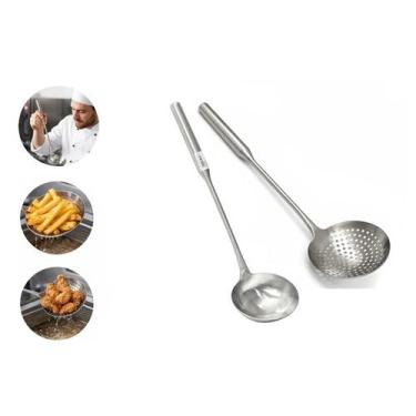 Imagem de Kit Concha De Feijão 51cm + Escumadeira Arroz 54cm Profissional Inox -