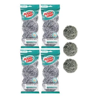 Imagem de Esponja Palha De Aço Inox Para Limpeza Pesada - 12 Esponjas - FLASH LI