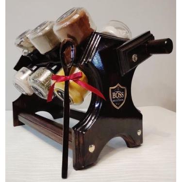 Imagem de Porta Temperos BOSS Giratório com Manivela Escuro 12 Potes e colher do