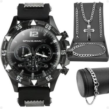 Imagem de relogio masculino preto + pulseira + cordão prata grumet black piano p