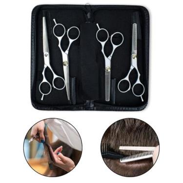 Imagem de Kit 2 Tesoura Fio Navalha + 2 Tesoura Desbaste Corte Cabelo Cabeleirei