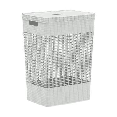 Imagem de Cesto de Roupa Grid 49L Plástico com Tampa em Bambu Empilhável para Lavanderia Branco Oceano Ou