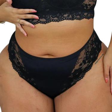 Imagem de Calcinha Plus Size Cintura Alta Fio Dental Com Renda Jackie, 50, Preto
