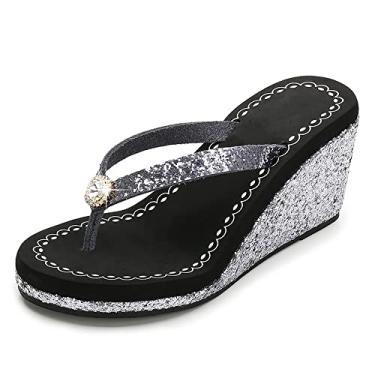 Imagem de Chinelo feminino com strass e purpurina, novo plataforma, chinelos para o verão, Preto com strass, 8