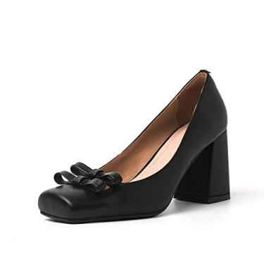 Imagem de TinaCus Sapato feminino feito à mão de couro legítimo sem cadarço bico quadrado salto alto grosso, Preto, 6.5