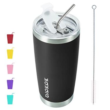 Imagem de BJPKPK Copo isolado preto com tampa e canudo 590 ml Copo de café de aço inoxidável