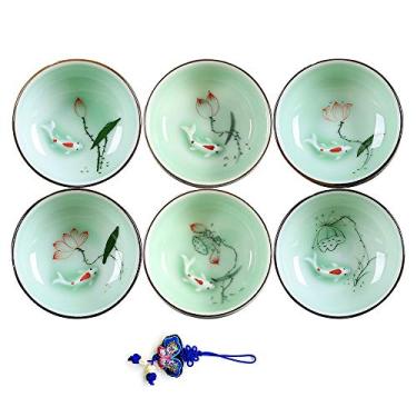 Imagem de Xícara de chá Kungfu pintada à mão, xícara de chá chinesa de celadon de longo, padrão de peixe e lótus, conjunto com 6