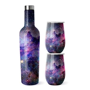 Imagem de Simple Modern Conjunto de presente copo de vinho e garrafa | Garrafa isolada de 750 ml e 2 copos de vidro sem haste de 355 ml com tampa para mulheres homens | Coleção Spirit | Nebulosa