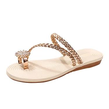 Imagem de Chinelos femininos da moda verão cor sólida couro strass clipe dedo do pé tecido palha chinelos chinelos chinelos femininos com alça (ouro, 7,5)