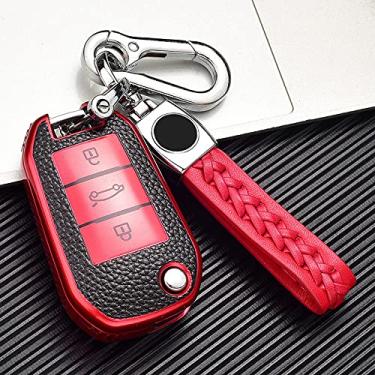 Imagem de SELIYA Capa de chave dobrável de couro + TPU para carro Peugeot 208 308 508 408 2008 3008 407 307 4008, adequado para Citroen C4, C, chaveiro vermelho
