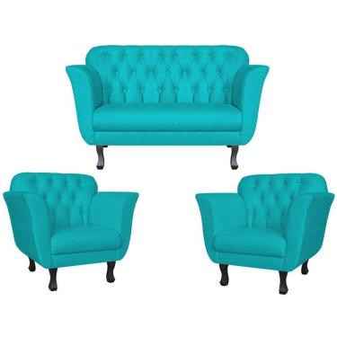Imagem de Kit Namoradeira + 2 Poltronas Decorativa Dália Suede Azul Tifany Pés Madeira Mz Decor