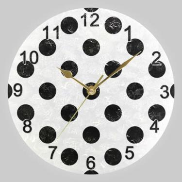 Imagem de CHIFIGNO Relógio redondo de bolinhas preto e branco, relógio de parede de 25 cm, alimentado por bateria para sala de estar, quarto, cozinha