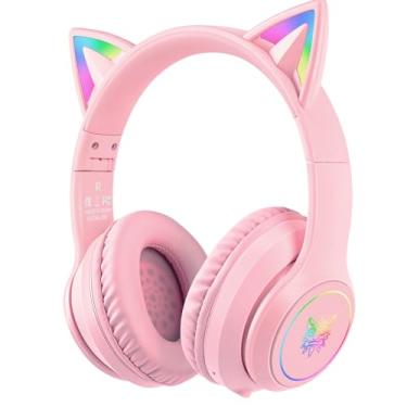Imagem de ONITOON Fones de ouvido Bluetooth Cat Ear com microfone para crianças e adultos, qualidade de som HI-FI sem fio com iluminação LED, fones de ouvido com controle de volume para iPhone/iPad/laptop/PC