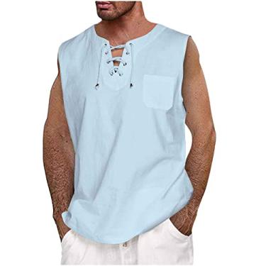 Imagem de Coletes para homens verão outono sem mangas decote em V linho camiseta regata nó simples coletes masculinos 2024 Y2K, E-270 Azul royal claro, 4G