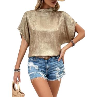 Imagem de SweatyRocks Blusas femininas metálicas com gola redonda e manga curta soltas, Dourado, PP