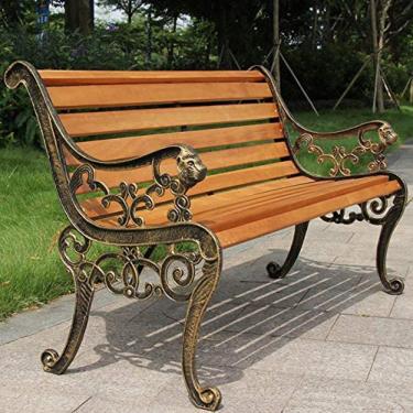 Imagem de Bancos ao ar livre Bancos de jardim no terraço, banco de parque resistente com braços e encosto, loveseats de pátio com estrutura de ferro fundido e ripas de madeira maciça anticorrosivas, u