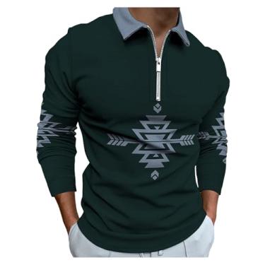 Imagem de Camisa polo masculina estampa tribal digital 3D pulôver meio zíper frontal manga longa, Verde, XXG